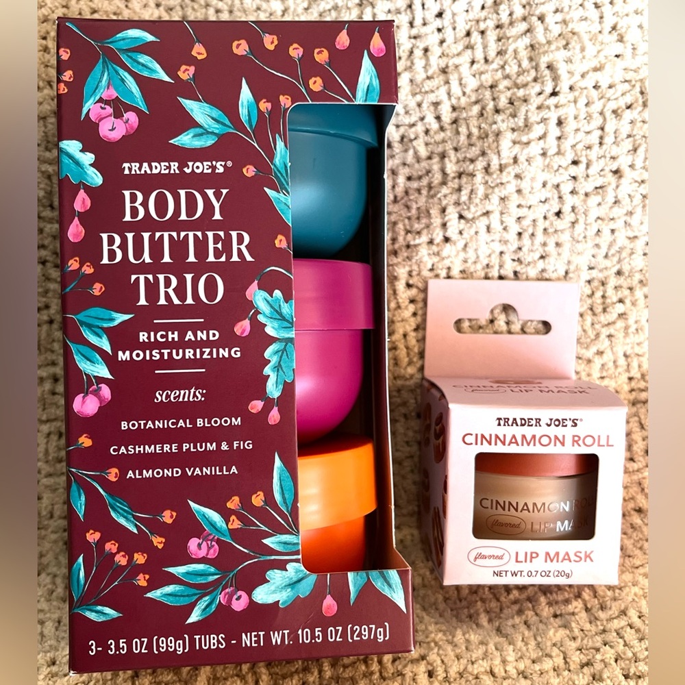 Trader Joe's Body Butter Trio and Cinnamon Roll Lip Mask Set - free TJs fall bag